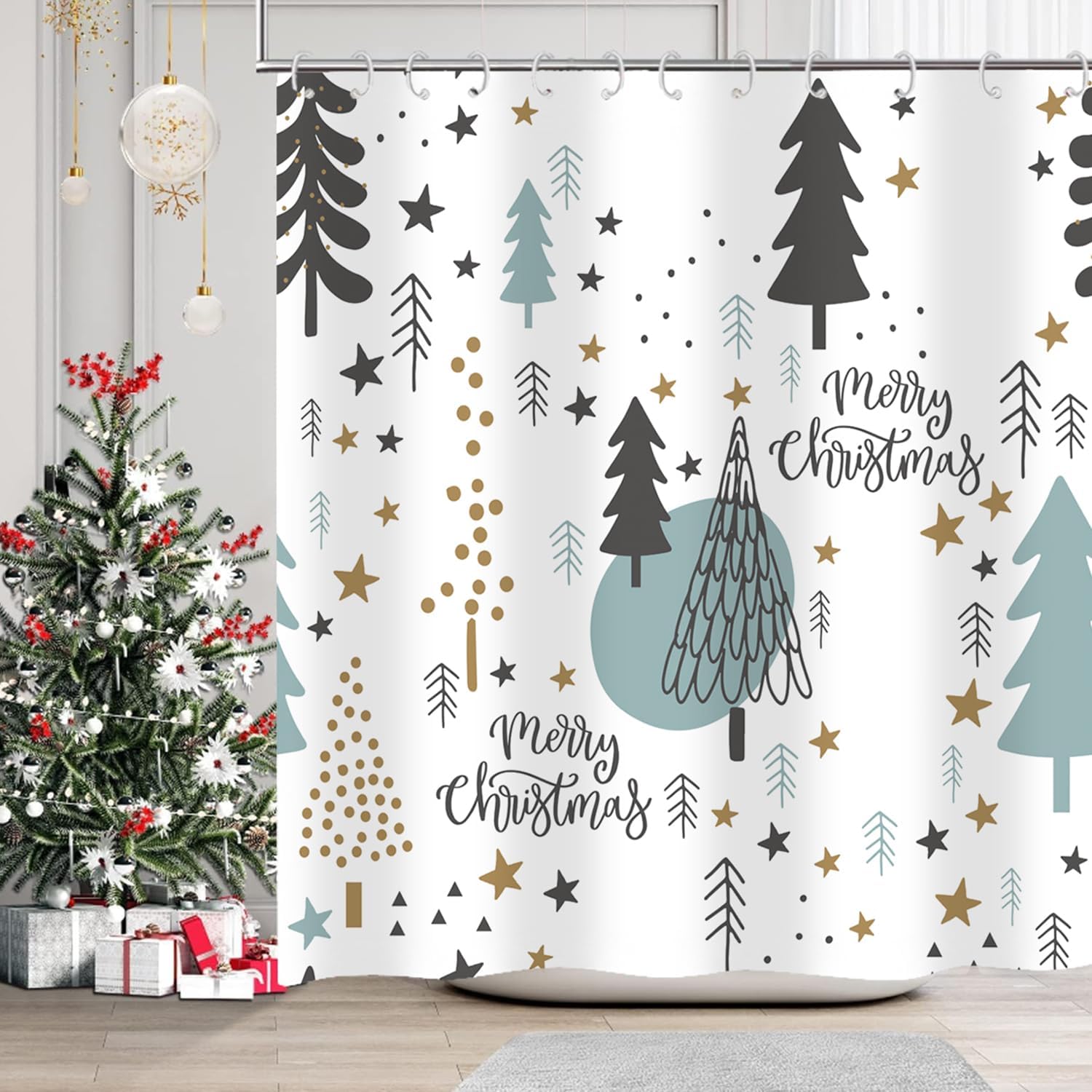 Festive Christmas Shower Curtain Set - Waterproof & Cute, Bathroom Decor, 72x72 - Cnayuep