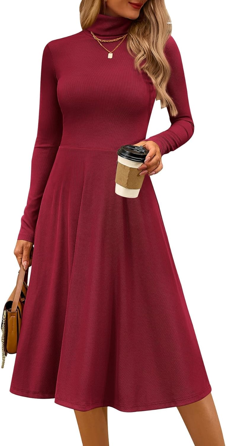 CFLONGE Women's Casual Ribbed Knit High Neck Dress for Fall
