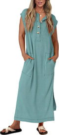 KIRUNDO Womens Ribbed Henley Maxi Dress - Lightweight Summer Staple up