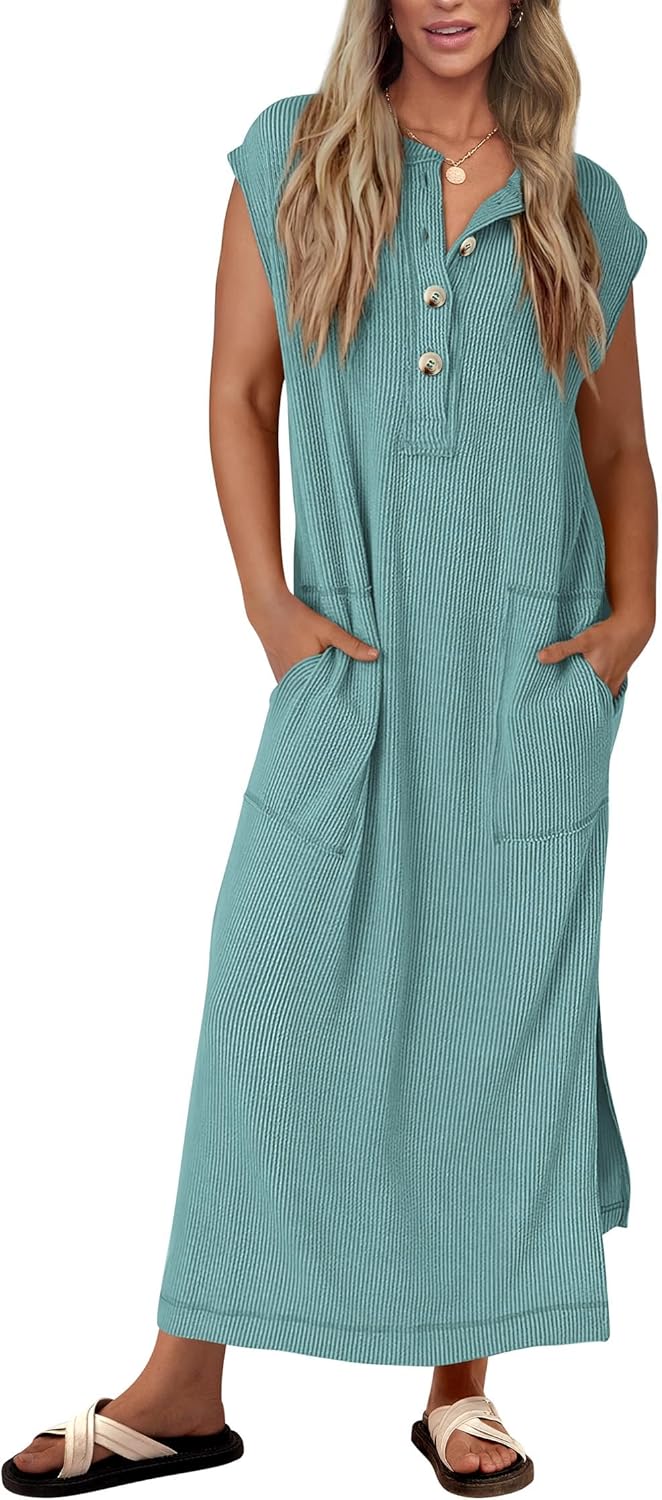 KIRUNDO Womens Summer Dresses Ribbed Knit Henley Maxi Dress