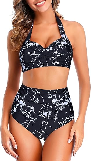 Cysincos Women High Waist Bikini Retro Halter Swim Set