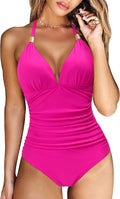 RXRXCOCO Women V Neck One Piece Swimsuit - Tummy Control Ruched Halter