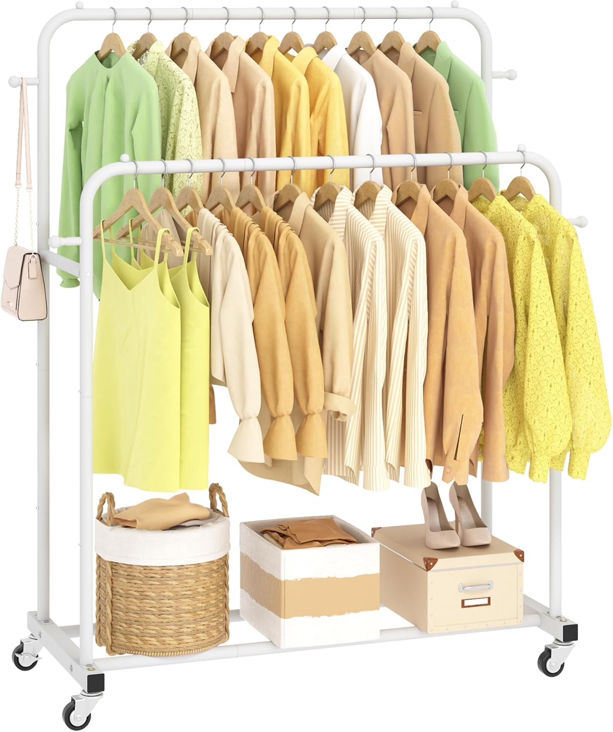 Laiensia Double Rods Garment Rack with Wheels for Clothes