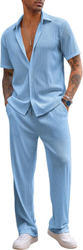 Men's 2 Piece Vertical Stripes Summer Shirt and Pant Set - Casual