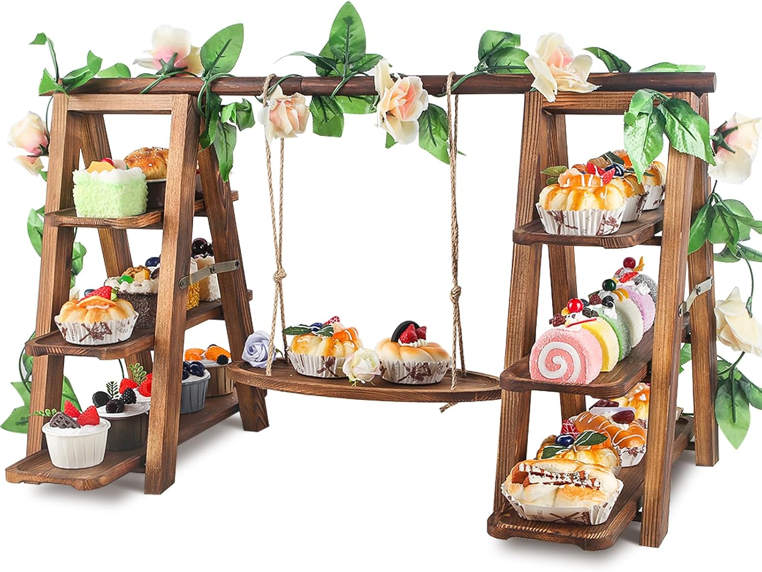 Wooden 3 Tier Cupcake Stand with Swing and Flower Decoration