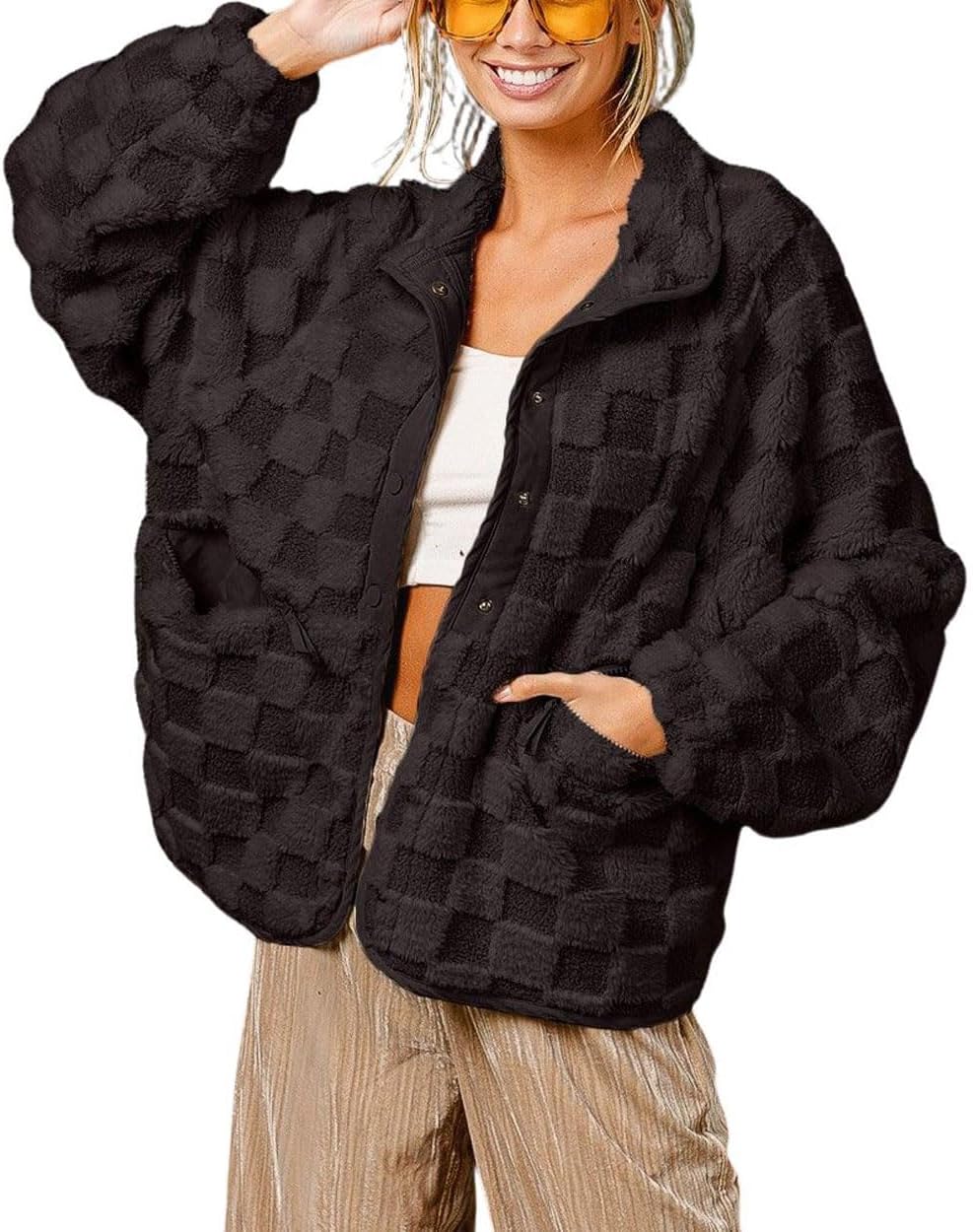 Chouyatou Women Winter Casual Checkered Fleece Jacket Shacket