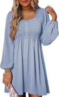 Dokotoo Womens Smocked Crewneck Button Up Empire Waist A-Line Mini
