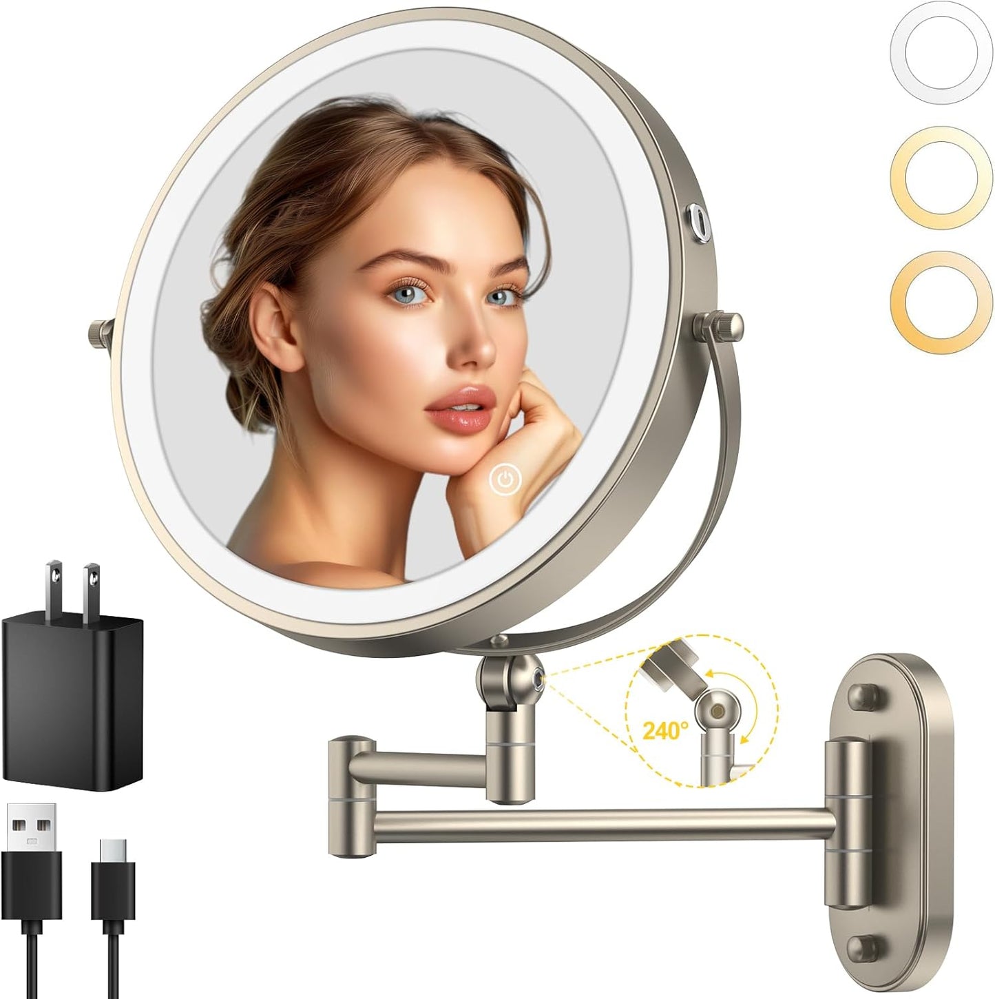 9in Wall Mounted Lighted Makeup Mirror with 360 Rotation Arm