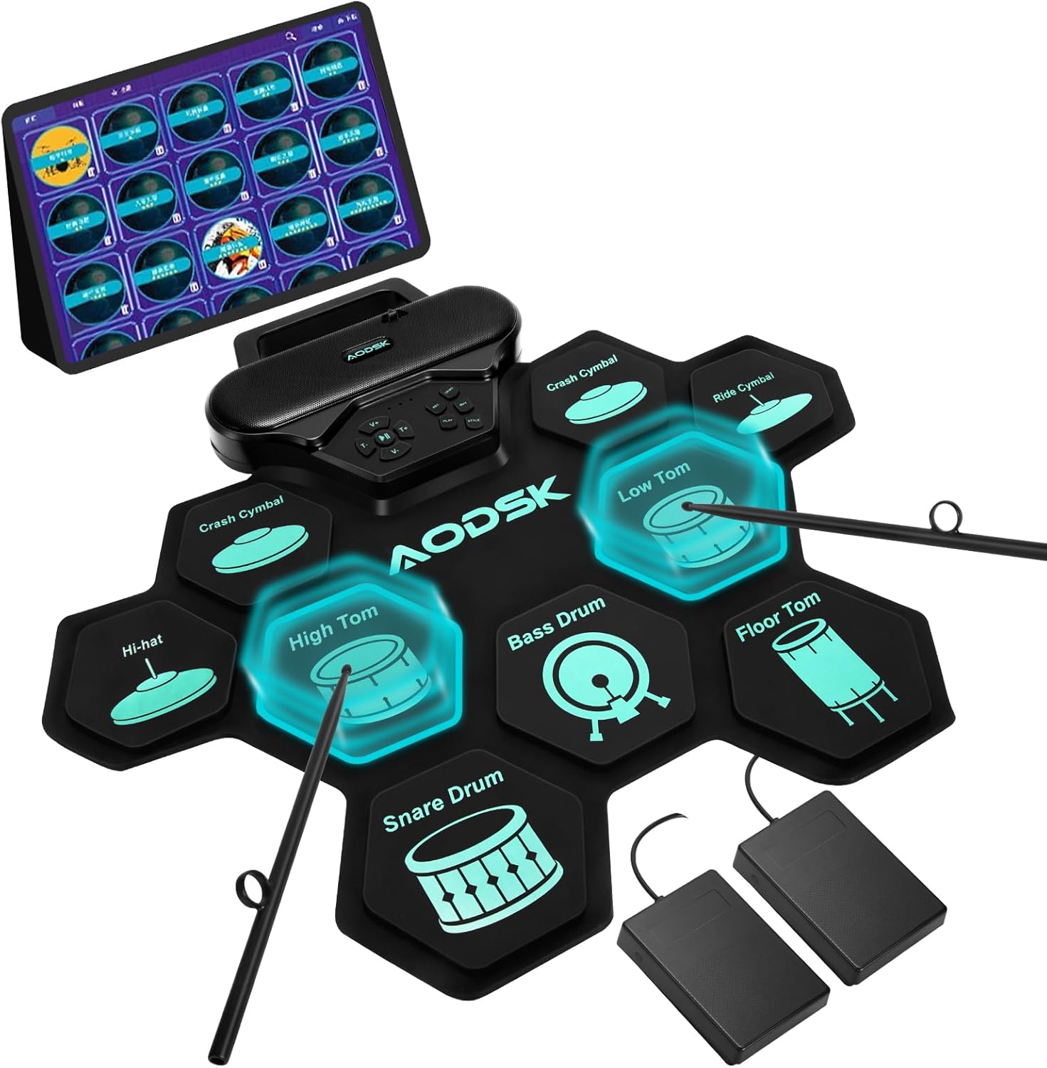 AODSK Electronic Drum Set with 9 Pads and Built-in Speaker