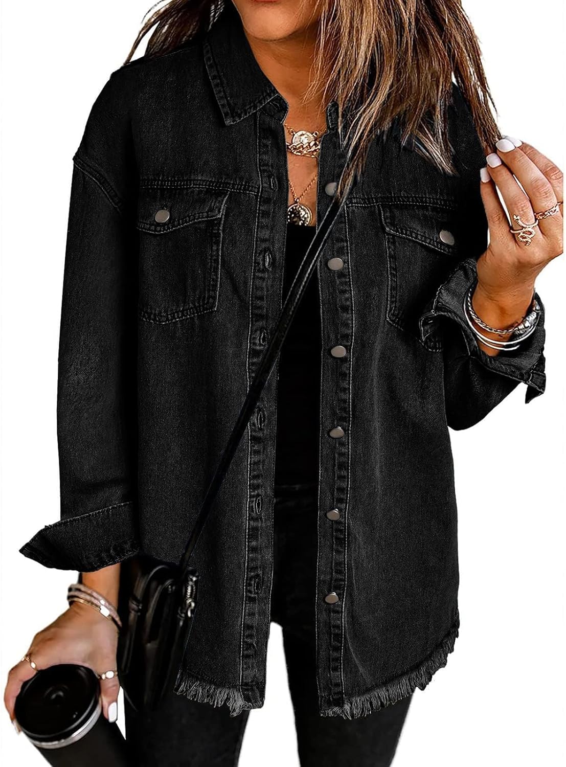 Oversized Button Up Frayed Hem Shacket for Women Denim Jacket