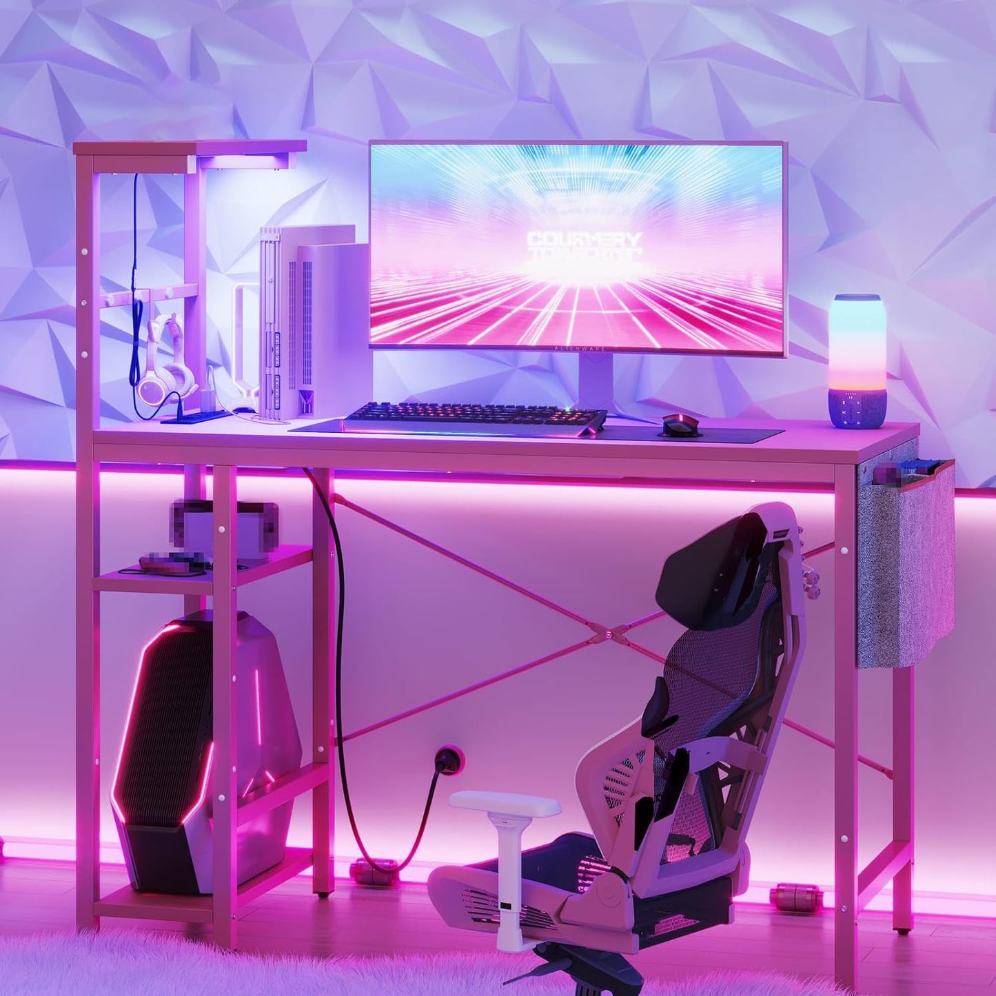 Bestier Pink Gaming Desk with Power Outlets and LED Lights