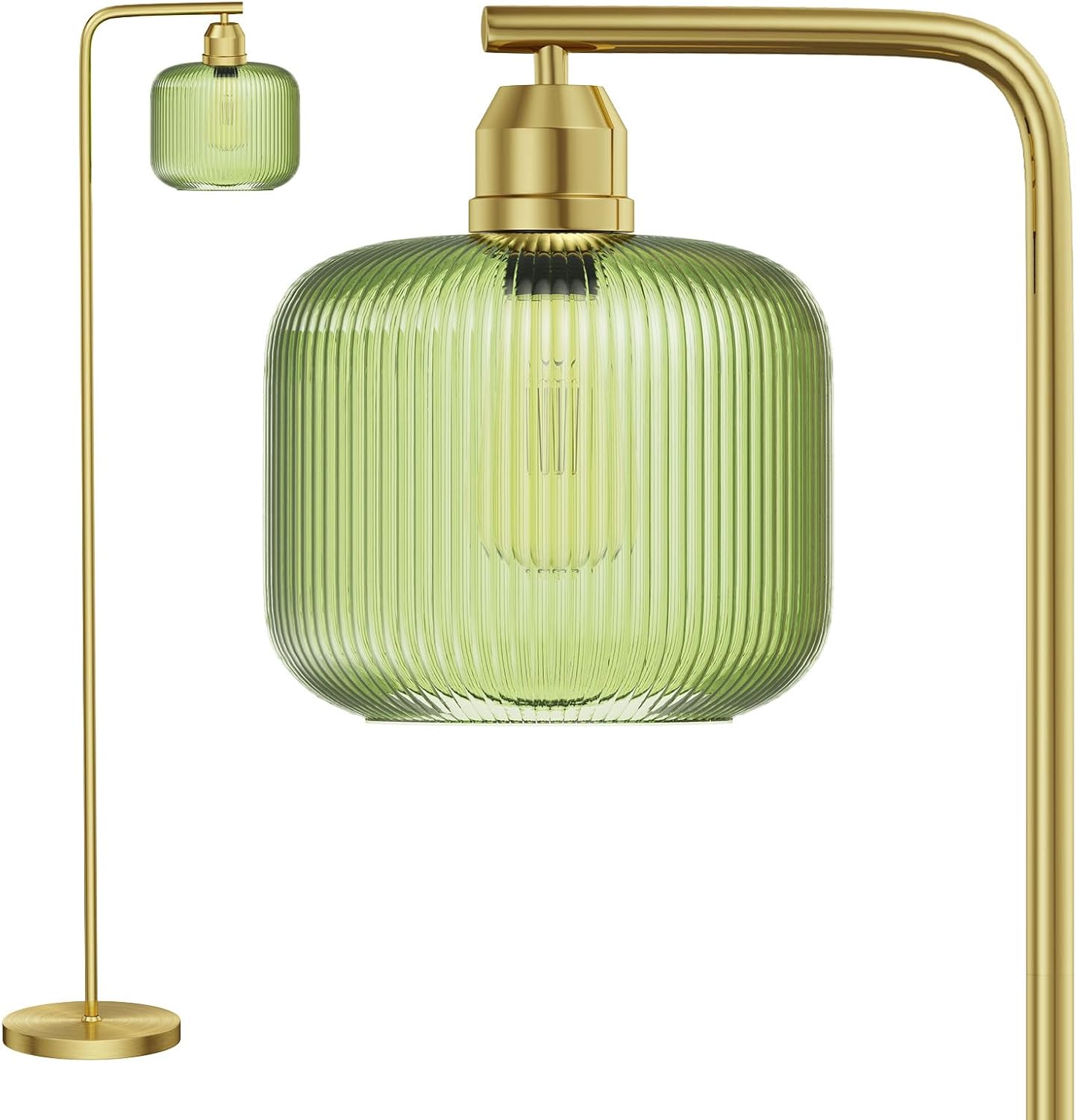 Elegant Glass Floor Lamp with Green Ribbed Shade for Living Room