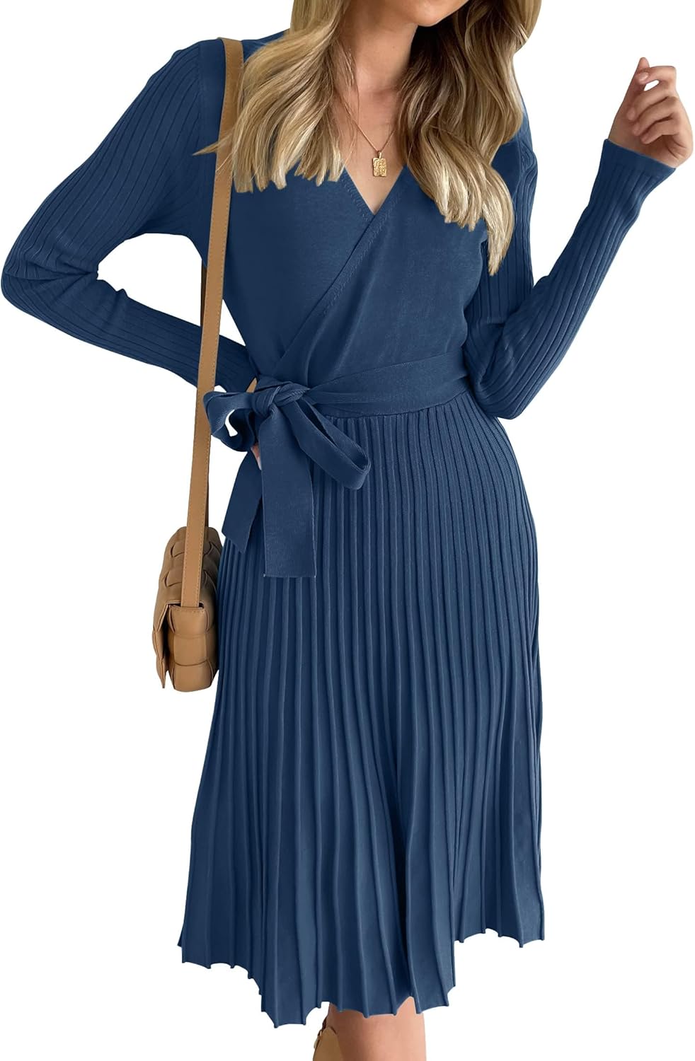 ZESICA Women's Fall Long Sleeve Wrap V Neck Sweater Dress