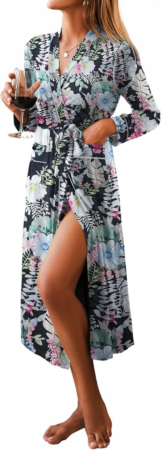 Ekouaer Women Kimono Robes Full Length Soft Knit Bathrobe