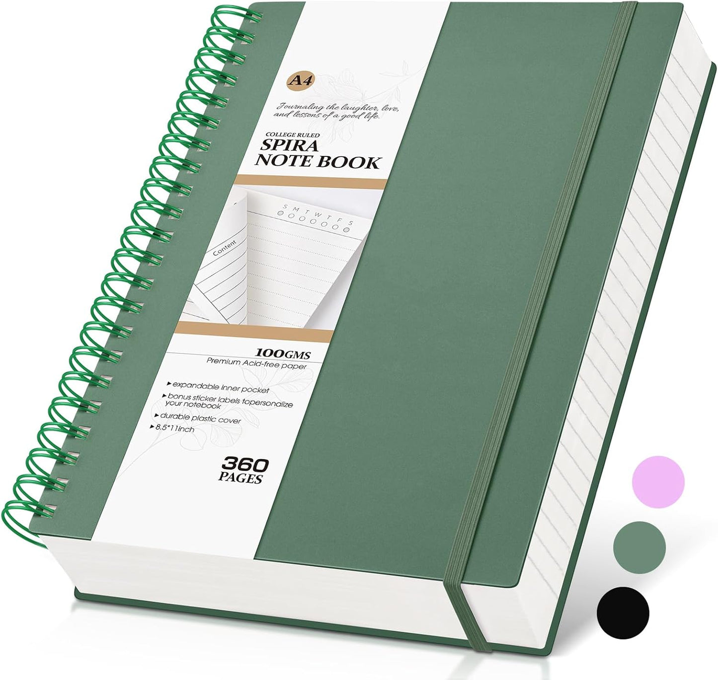 A4 Spiral Notebook 360 Pages - Thick 100GSM Paper Writing Journal Green
