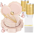 Pink Plastic Plates with Gold Rim 175Pc Set - Elegant Disposable