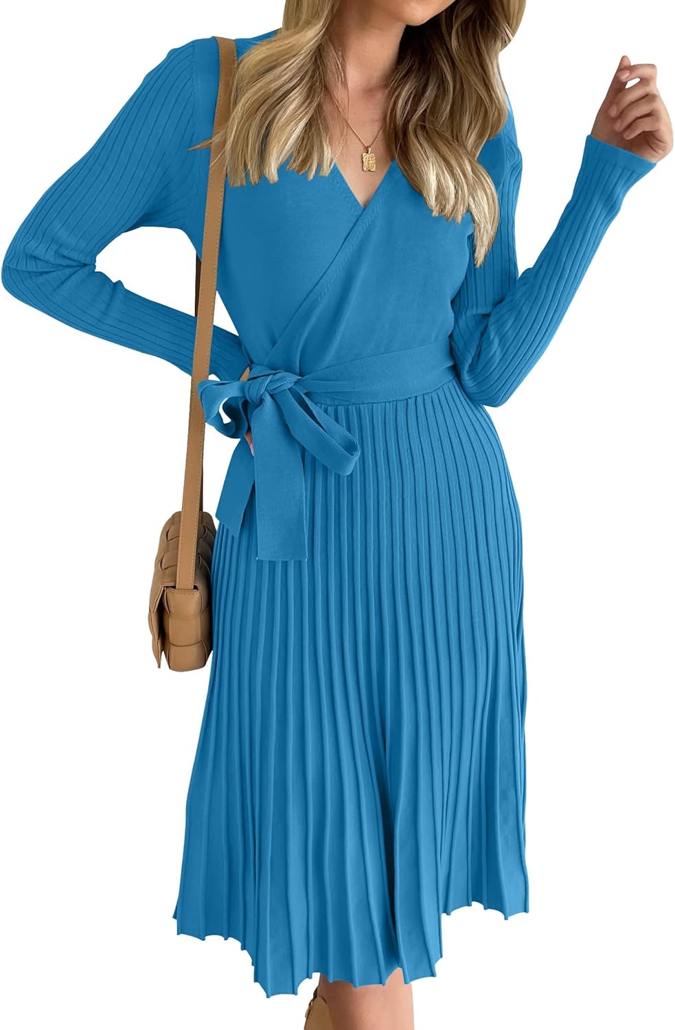 ZESICA Women's Fall Long Sleeve Wrap V Neck Sweater Dress