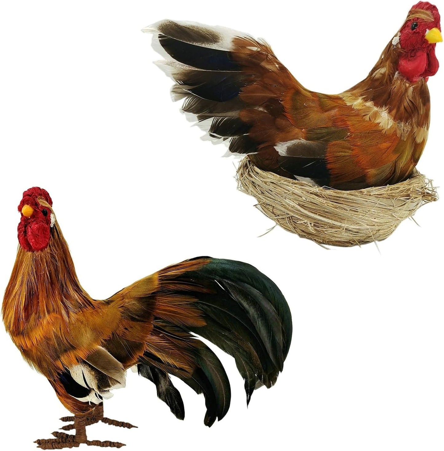 Realistic Feathered Rooster and Hen Decor for Fall Centerpiece
