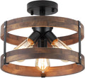 3-Light Rustic Farmhouse Wood Flush Mount Ceiling Light - Oak Drum