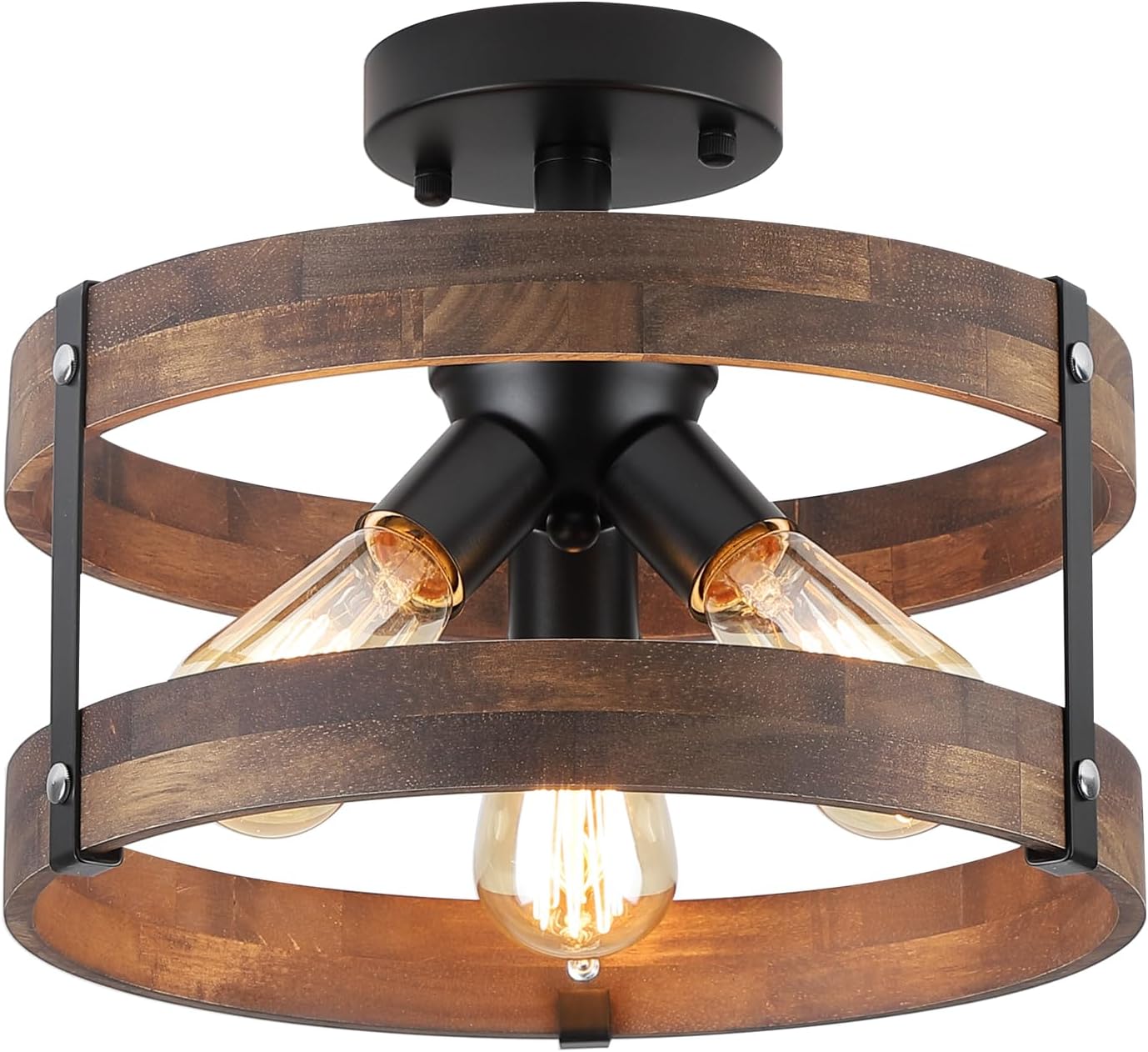 3-Light Rustic Farmhouse Wood Flush Mount Ceiling Light Fixture