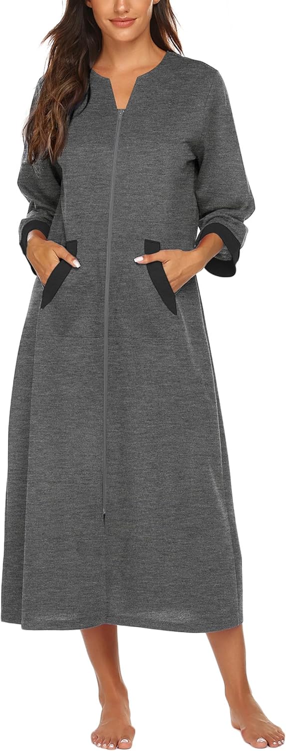 Ekouaer Women Zipper Robe with Pockets for Cozy Comfort