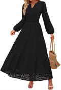 Long Sleeve Maxi Dress V Neck Eyelet A Line - Fall 2025