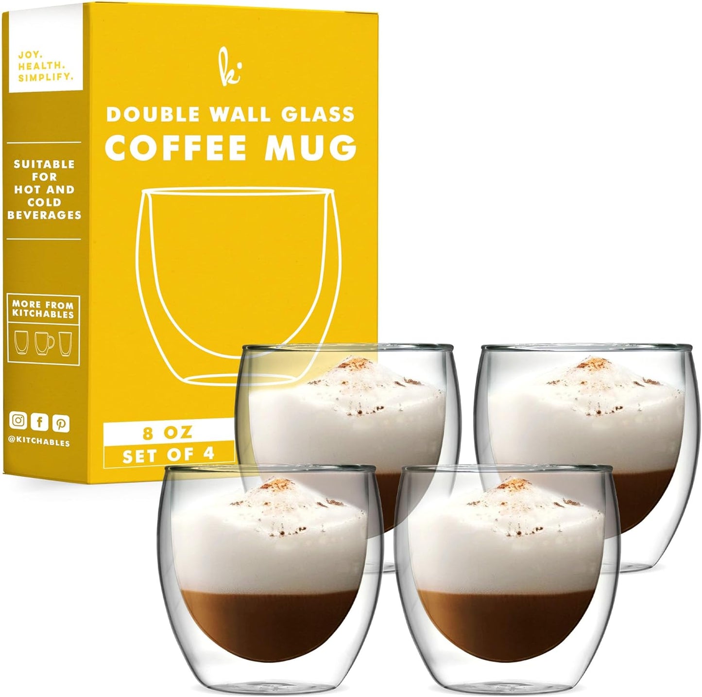 Double Wall Glass Coffee Mugs Set of 4 - Insulated 8oz Cups