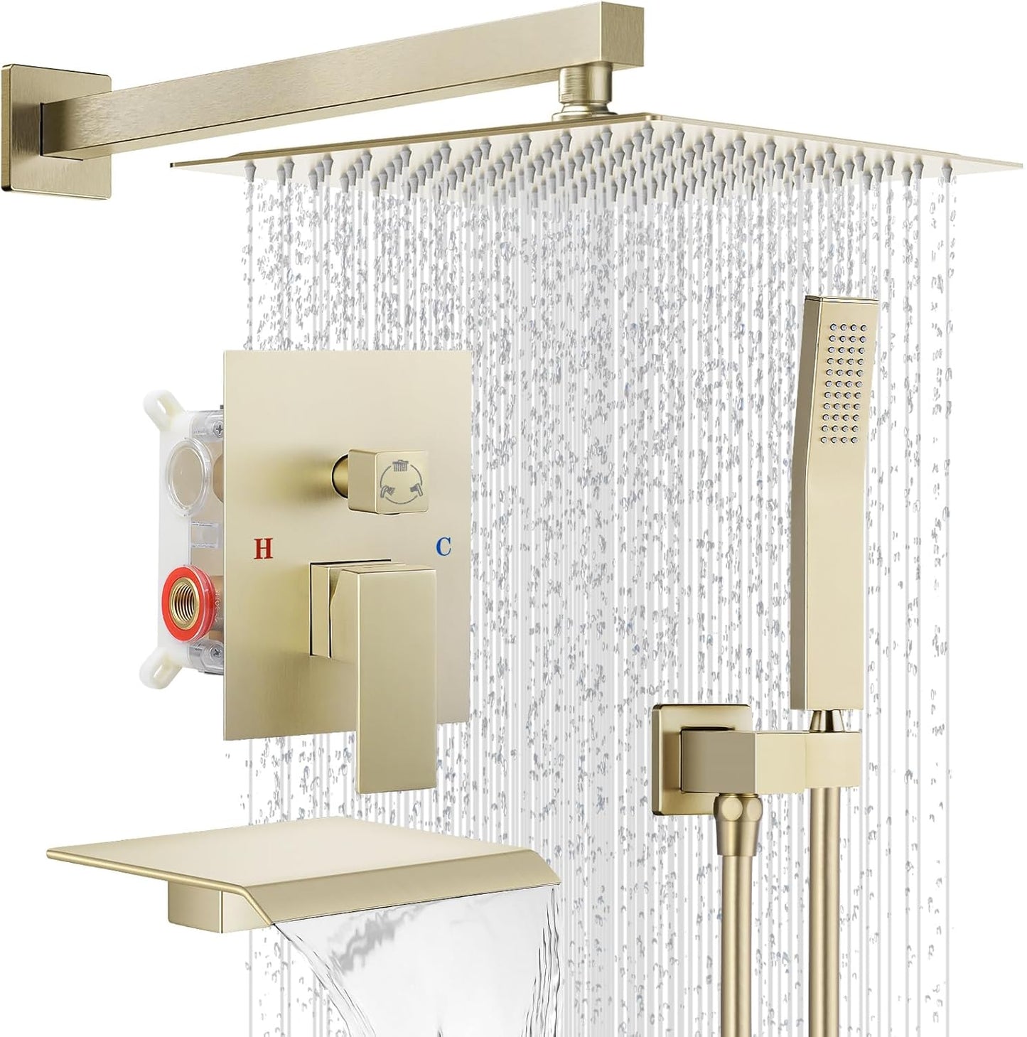 Rain Shower Faucet Set Wall Mounted with Tub Spout in Brush Gold
