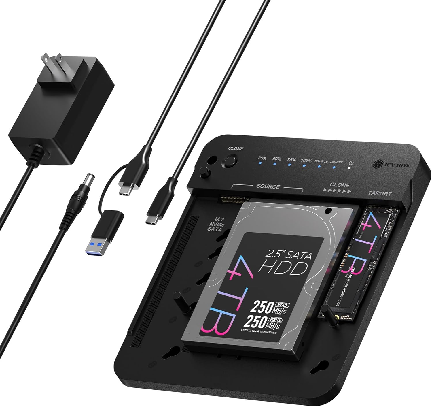 ICY BOX M.2 NVMe & SATA SSD/HDD Docking Station for Fast Cloning
