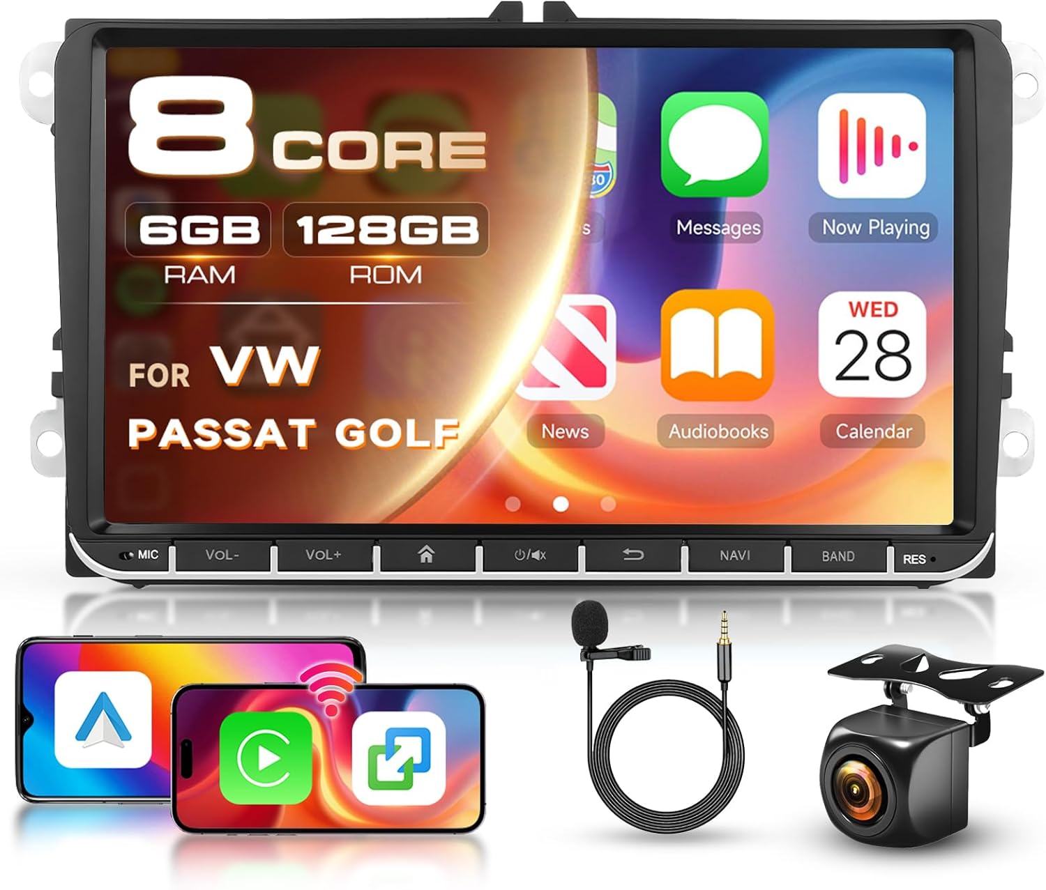 9-Inch Touchscreen Car Stereo for VW with Wireless Carplay