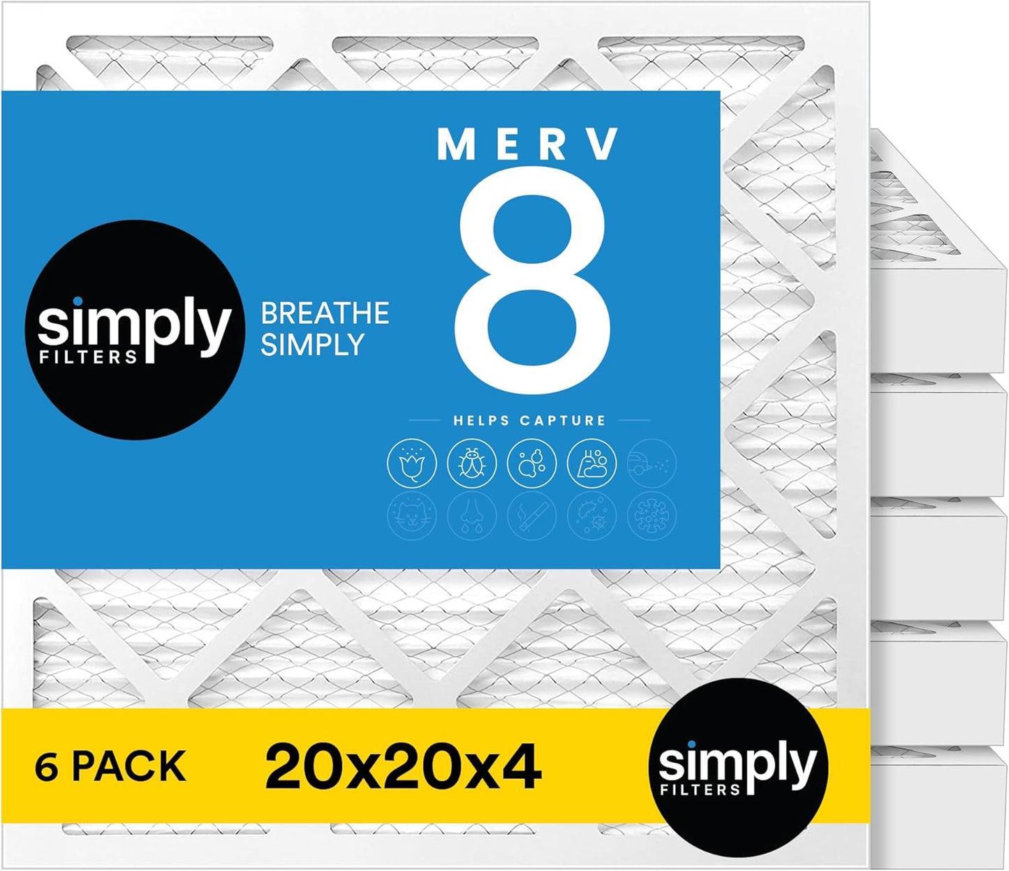 Simply 20x20x4 Air Filter for HVAC, MERV 8, 6 Pack for Clean Air