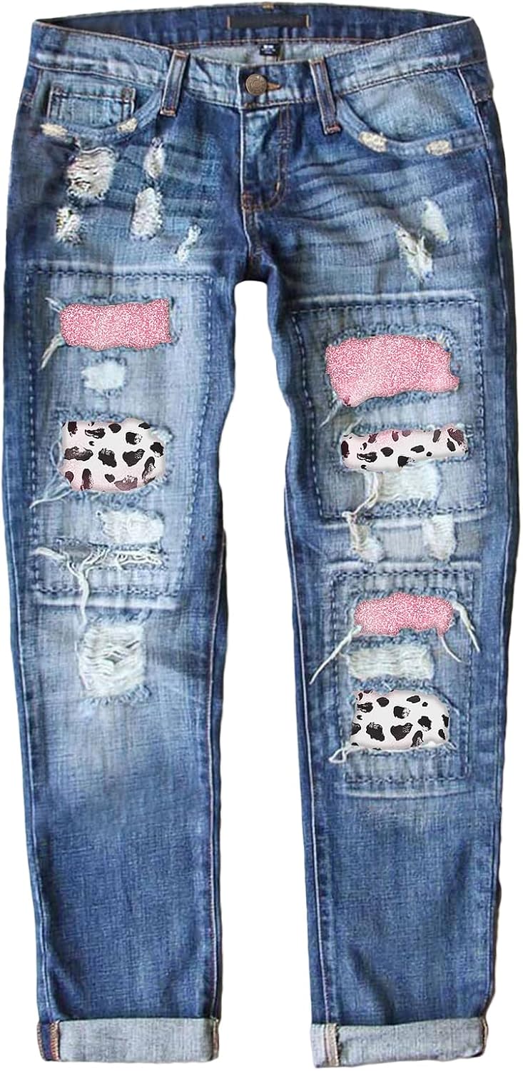 Astylish Womens Plaid Patch Ripped Boyfriend Distressed Jeans