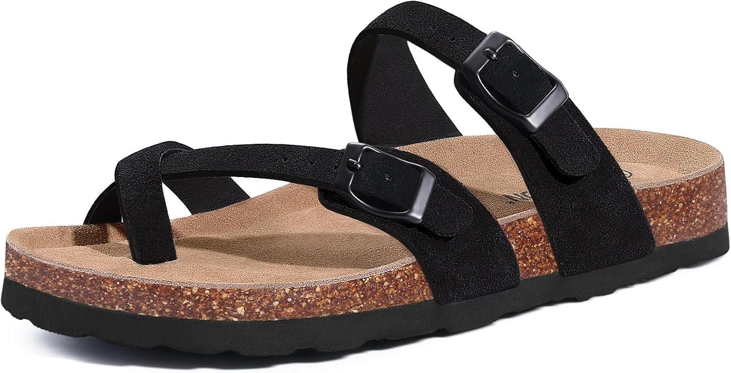 Litfun Women's Genuine Suede Cork Footbed Sandals for Summer
