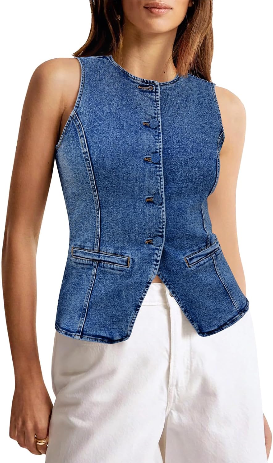 Trendy Womens Button Down Denim Vest Tops for Summer Style