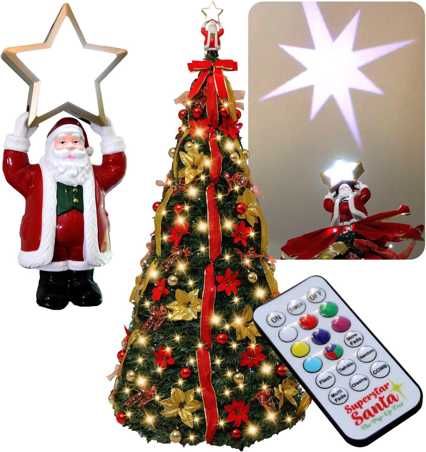 Superstar Santa Pop-Up Christmas Tree with Unique Topper and Lights