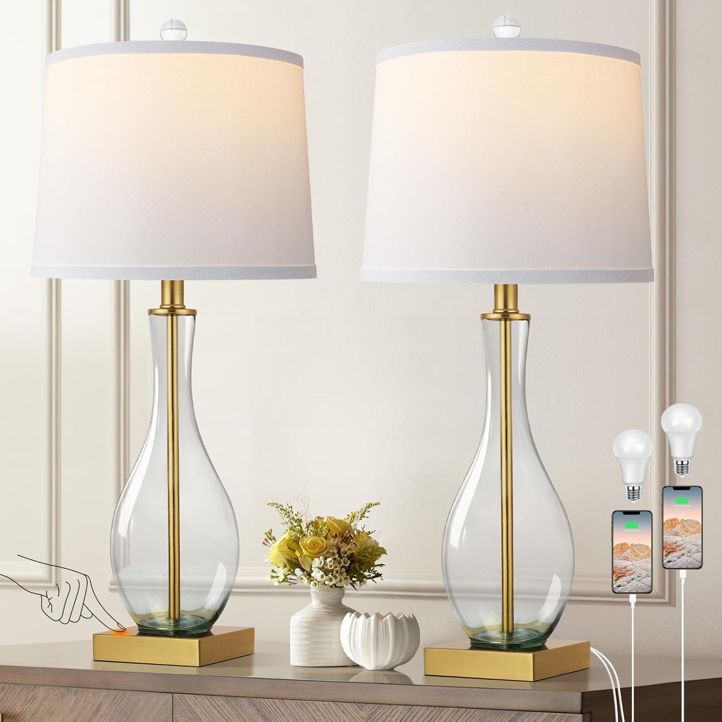 Modern Touch Control Table Lamps Set of 2 with USB Ports