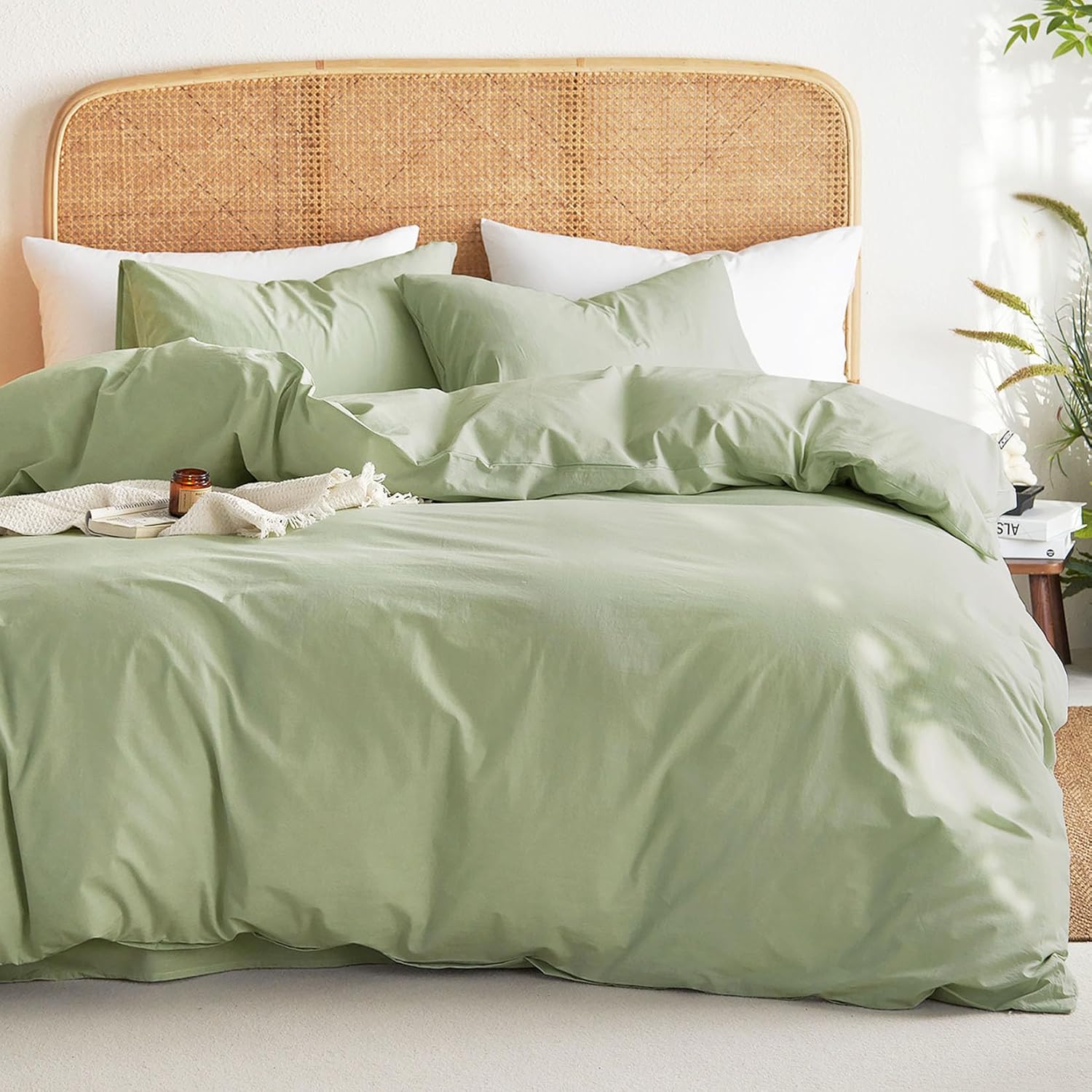 Cotton Duvet Cover Set King Size in Sage Green for Comfort