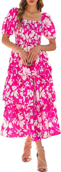 Womens Square Neck Smocked Maxi Dress - Puff Sleeve Floral Ruffle