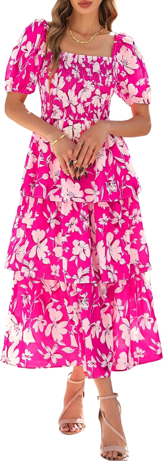 BTFBM Womens Square Neck Smocked Dress for Summer Events