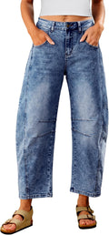 Barrel Jeans Women Cropped Baggy High Waisted Distressed - Chic Fit 26