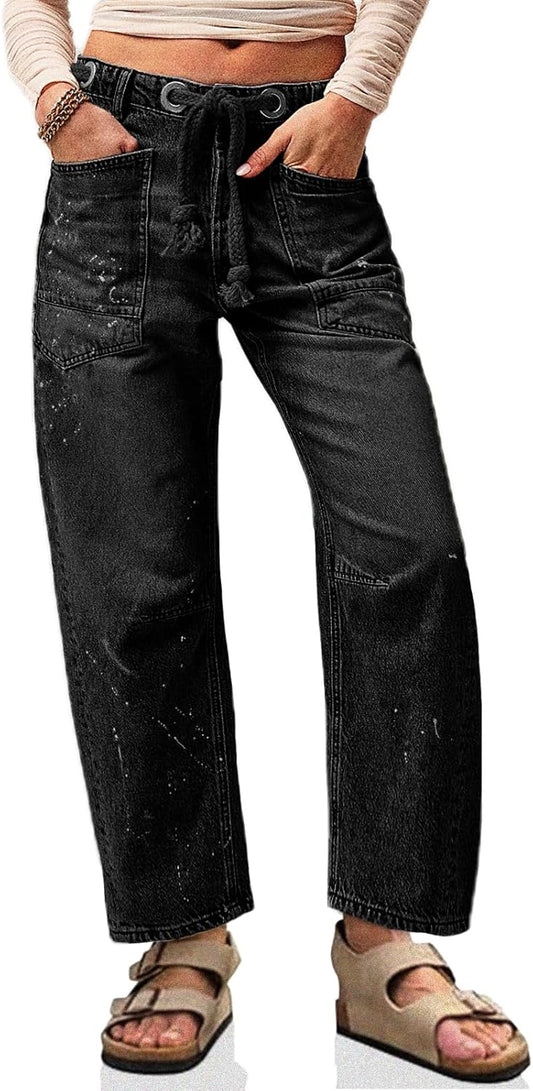 Cicy Bell Womens Baggy Barrel Jeans with Drawstring and Pockets