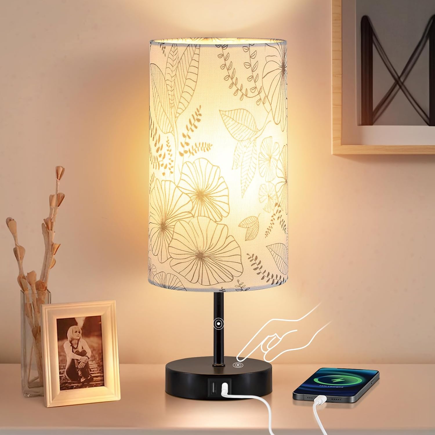 Modern 3 Way Dimmable Bedside Touch Lamp with USB Ports