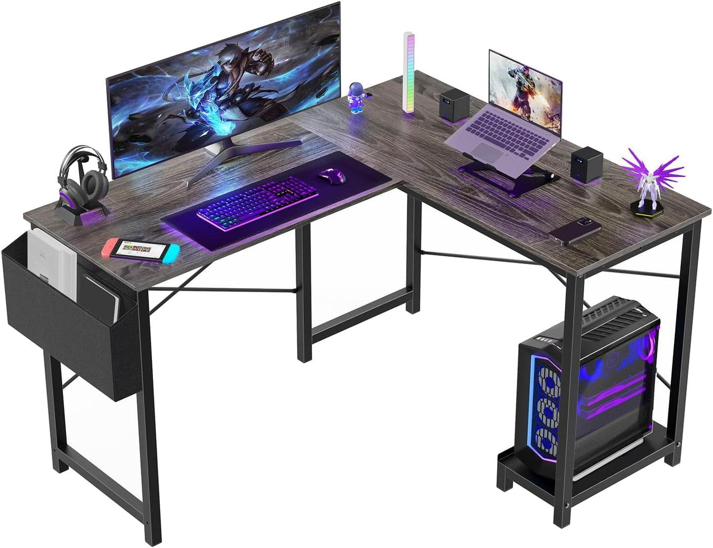 Space-Saving L Desk Gaming Table - Grey