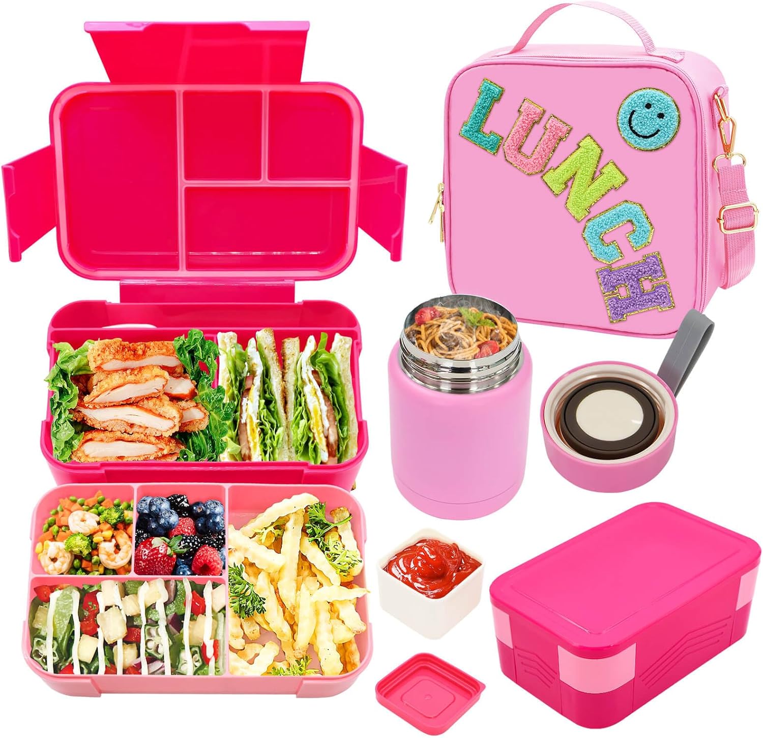 Pink Lunch Box for Girls with Bento Box and Thermo Set