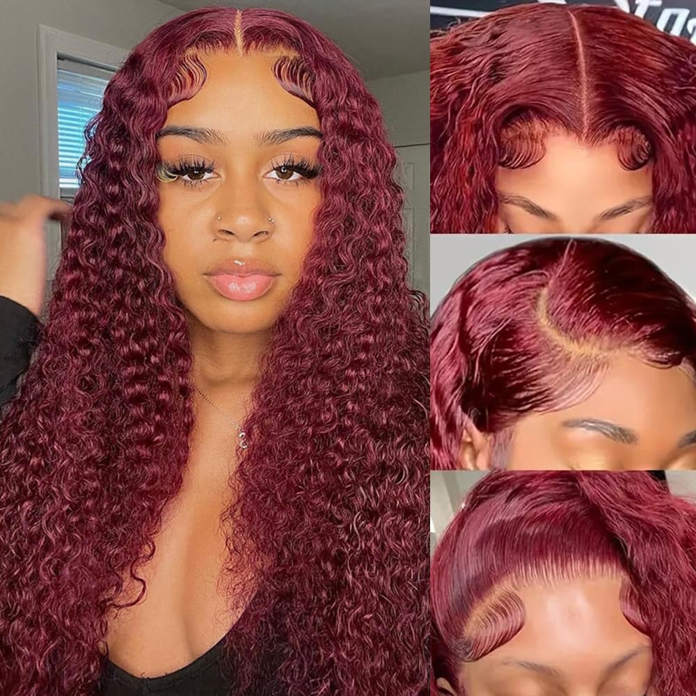 Deep Wave 99J Lace Front Wigs for Women - 24 Inch Burgundy Hair