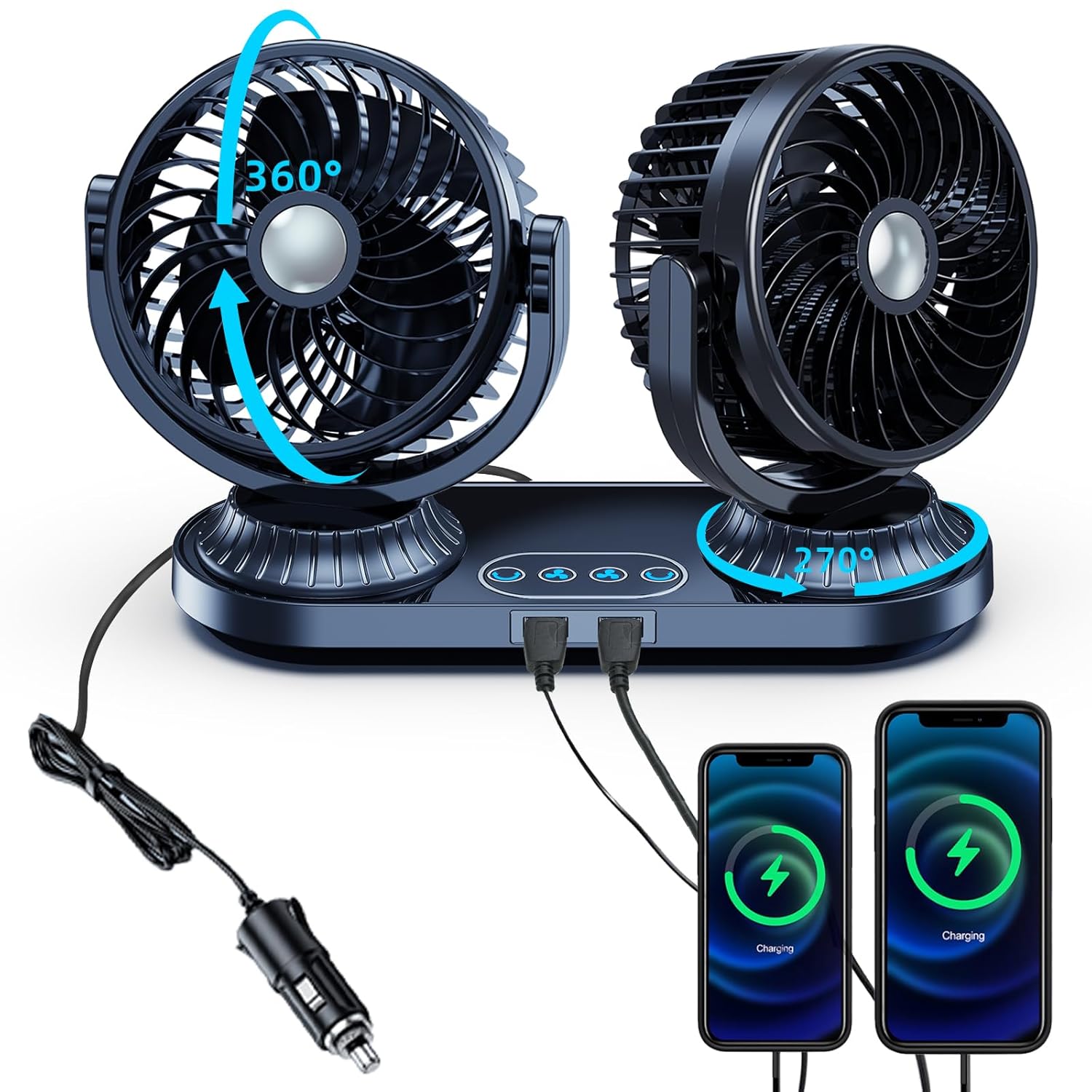 12v 24 Volt Universal Car Fan with USB Ports for Vehicles