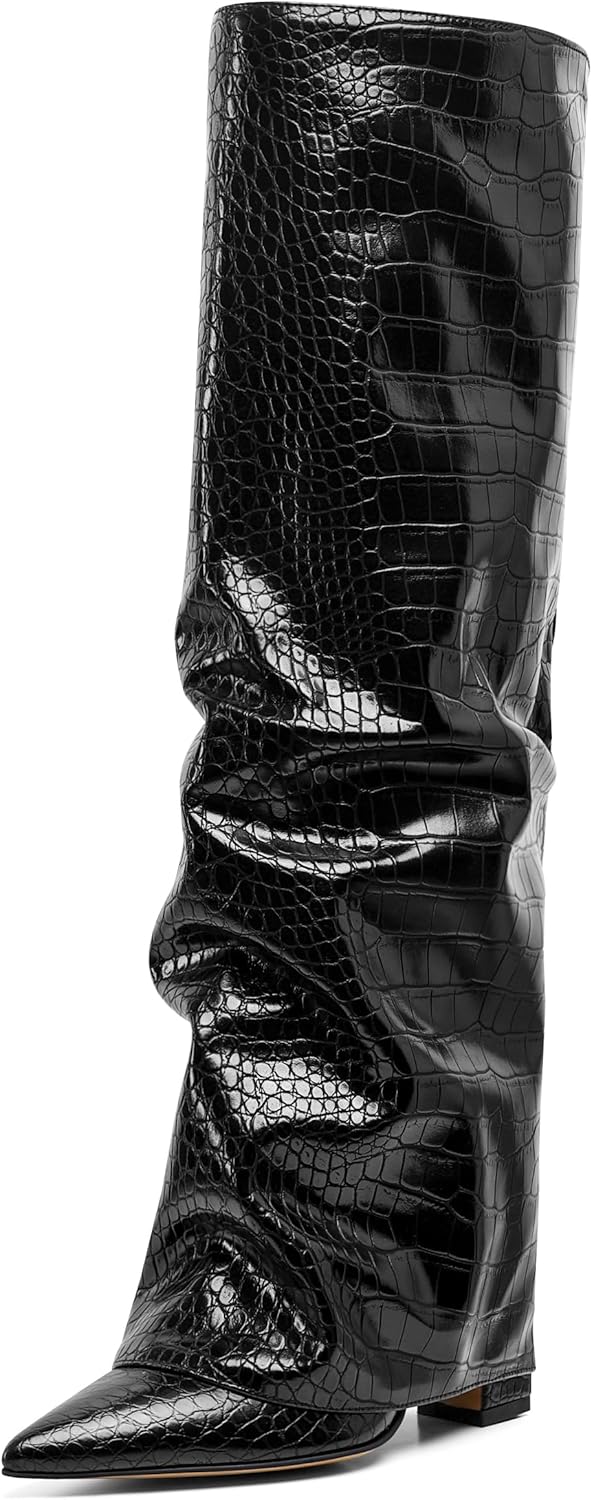 Stylish Slouchy Knee High Boots for Women - Black Pointed Toe