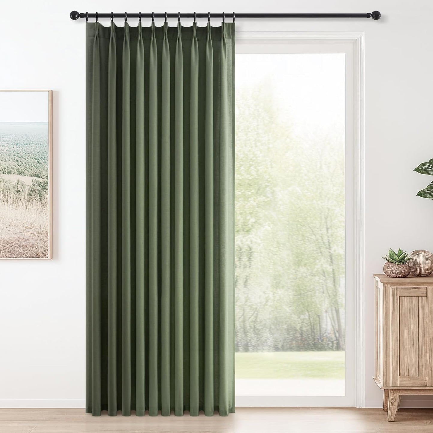 Olive Green Pinch Pleated Linen Curtains for Bedroom Living Room