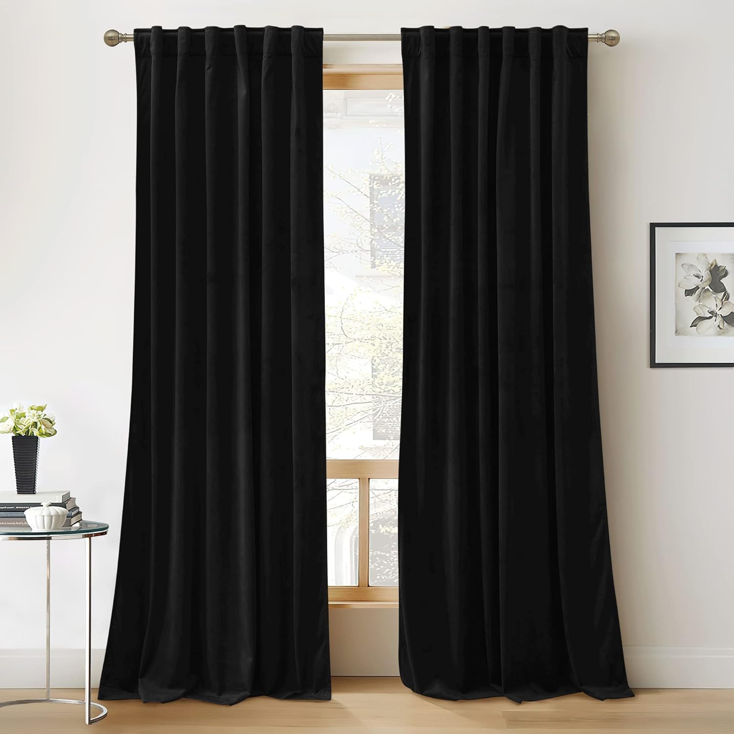 RYB Home Black Velvet Curtains - Luxury Blackout Panels 84 in
