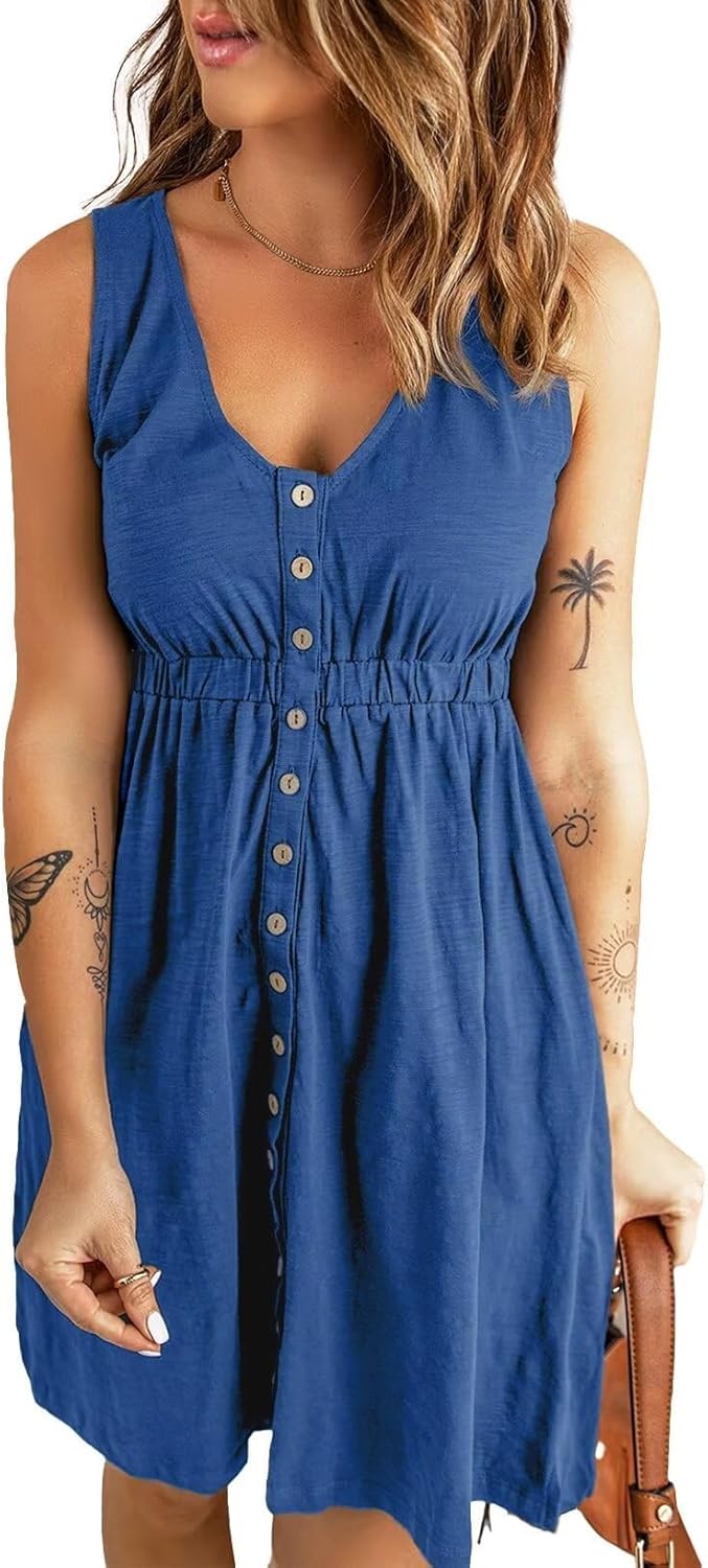 Acelitt Women Summer Casual Sleeveless Button Down Dresses